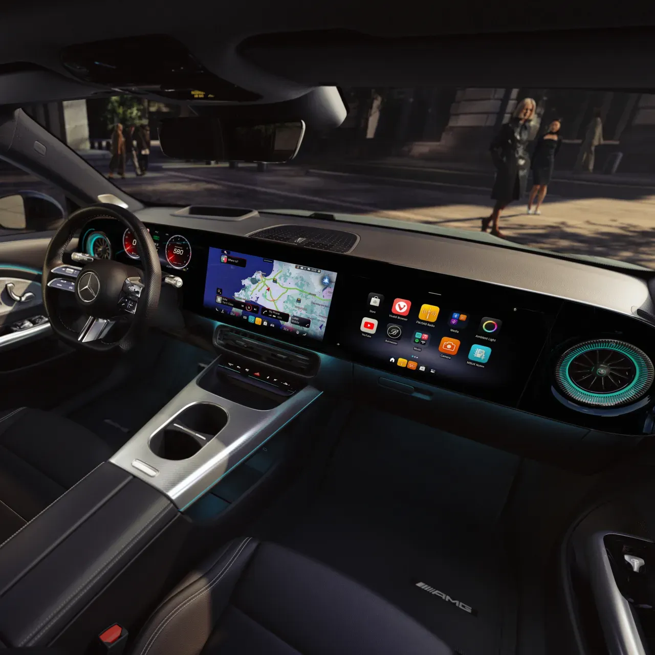 Cabine do novo Mercedes-Benz CLA com volante e telas