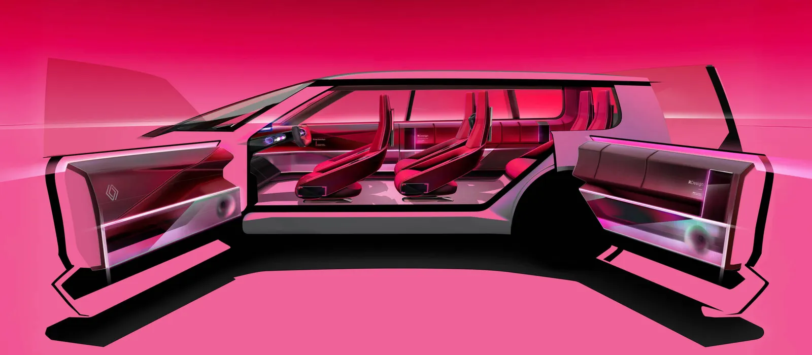 Renault E-Space Concept com as portas abertas, mostrando as três fileiras de bancos