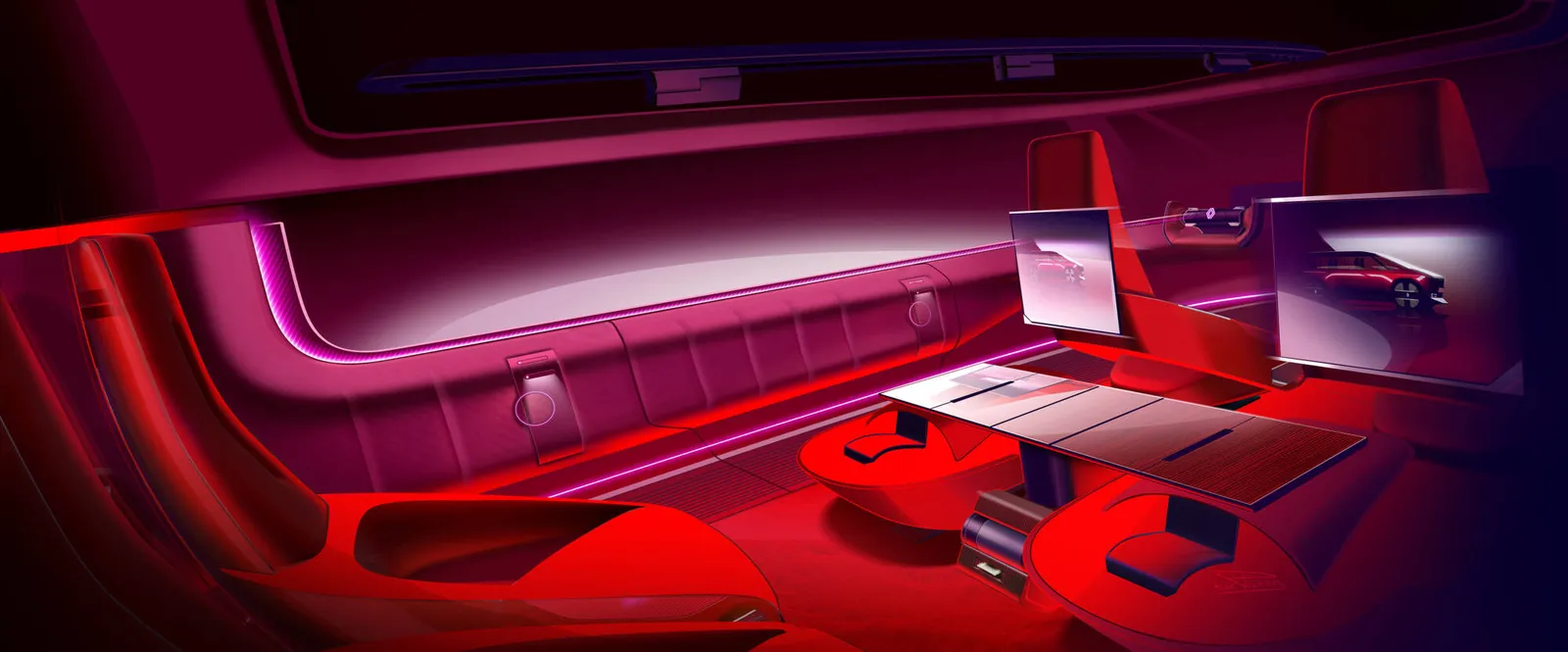 Fundo da cabine do E-Space Concept com mesa e telas