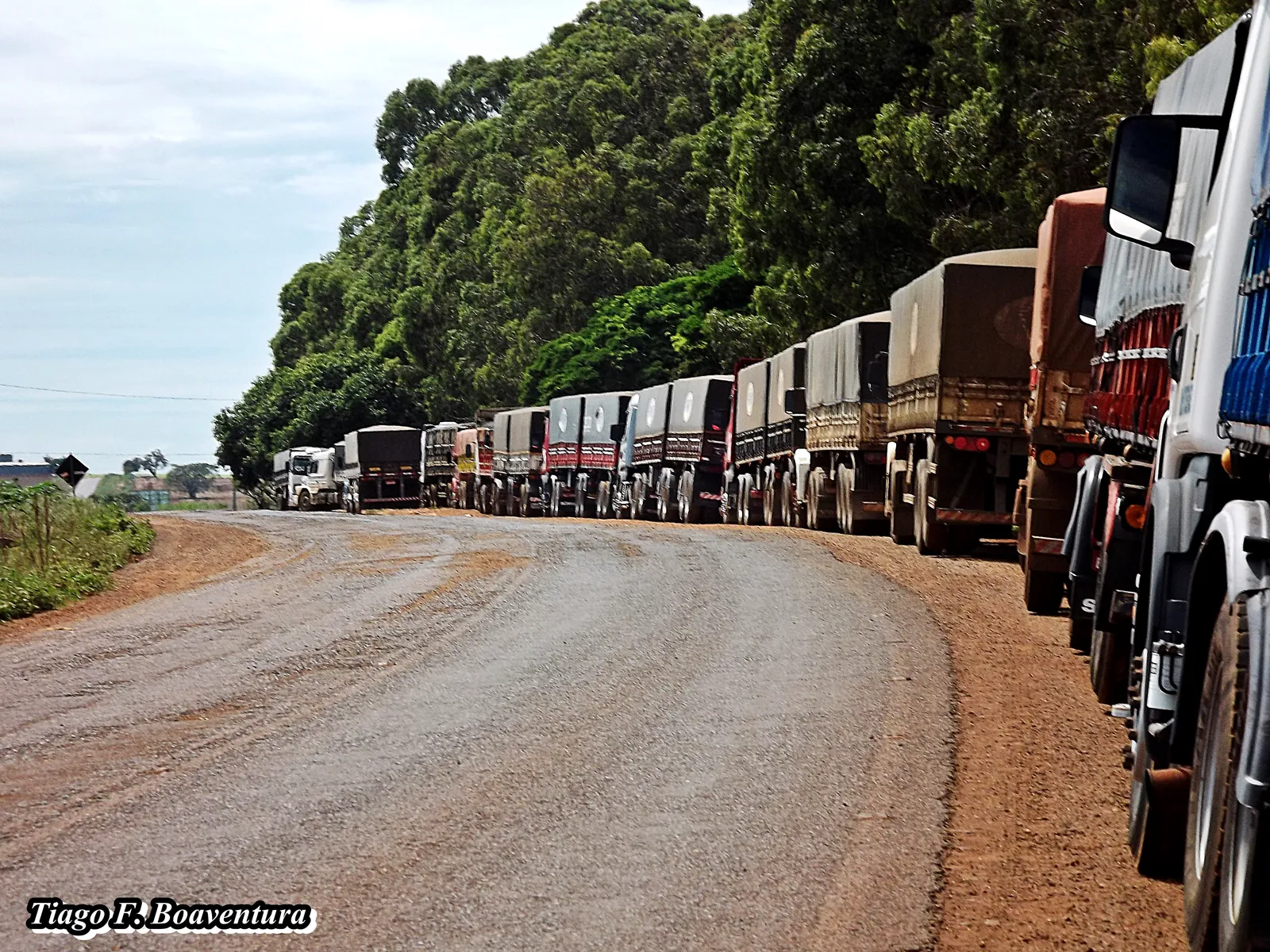 Fila de caminhões carregados em estrada de terra